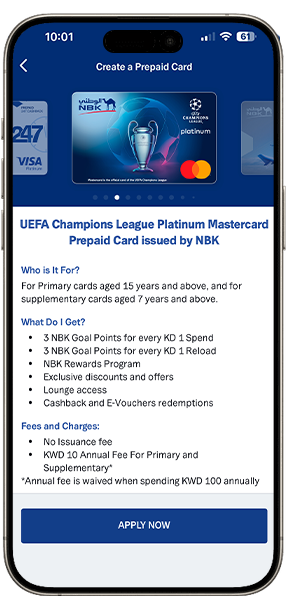 Apply for UEFA Champions League Platinum Mastercard Prepaid Card issued by NBK